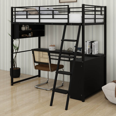 Lit mezzanine simple avec DEL et bureau, structure de lit mezzanine en métal avec 4 tablettes de rangement