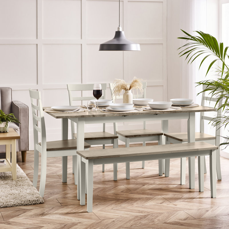 Alissah Solid Wood Extending Dining Table With 4 Whitley Chairs & 1 Alcazar Bench - Rustic Farmhouse, Whitewash