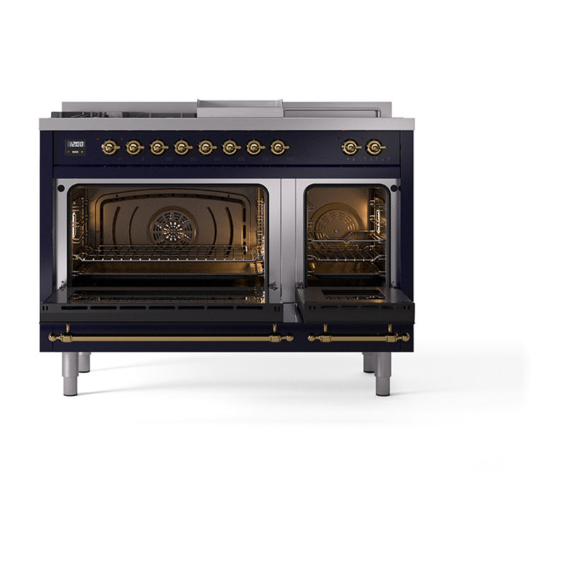 ILVE Nostalgie II Noblesse 48 in Dual Fuel Range, 5 Burner, Griddle, Frenchtop, Midnight Blue/Brass, Natural Gas