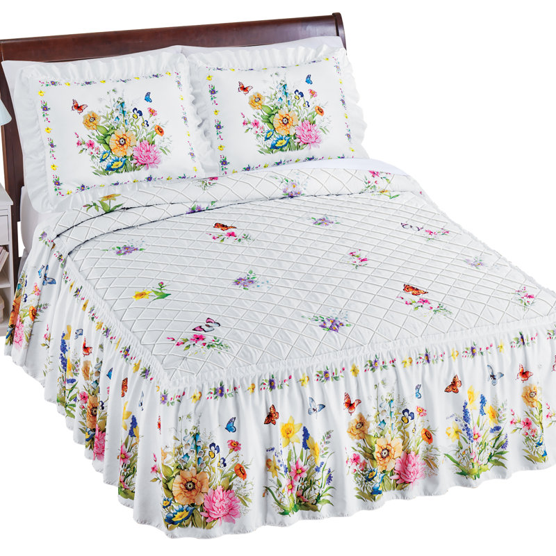 Full White Floral and Butterfly Ruffled Quilt Bedspread Set