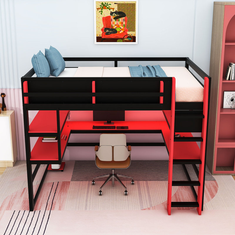 Lit mezzanine en bois avec bureau, lumière DEL, ports de chargement et tablettes, Lit double, Rouge
