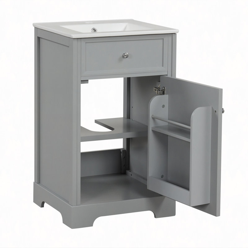 Meuble-lavabo de 20 po avec lavabo, armoire de salle de bain avec porte à fermeture douce, support de rangement et tablette réglable
