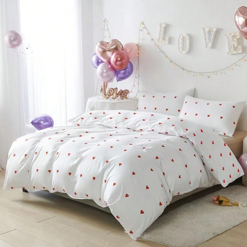 White Bedding Hearts Heart Duvet Cover Soft Microfiber Heart Pattern Bedding Set With Zipper, Red