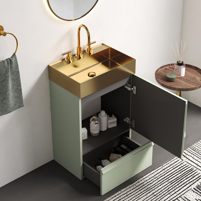 Meuble-lavabo moderne de 20 po avec lavabo monobloc en métal doré brossé, autoportant, E1, porte à fermeture douce, conception autoportante à embout, construction standard, tiroir et grand espace de rangement