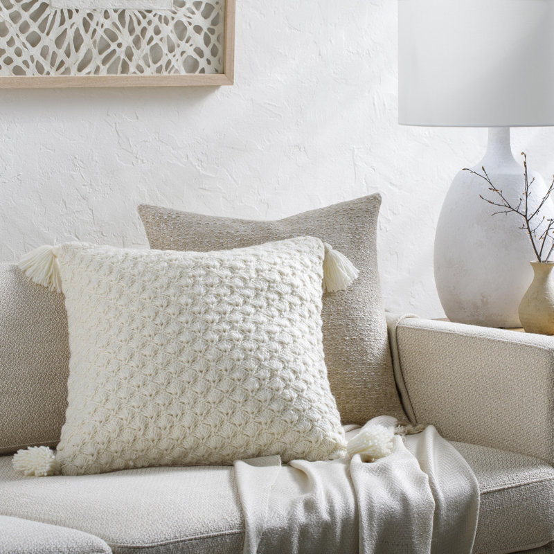 Makrome Tassels Throw Pillow, 22"H x 22"W, White, Pillow Cover Only - No Insert