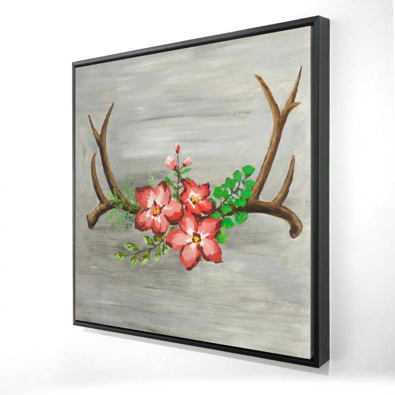 Cornes de cerf et toile rose | Décoration de chambre animal, H 25,25 po x l 25,25 po