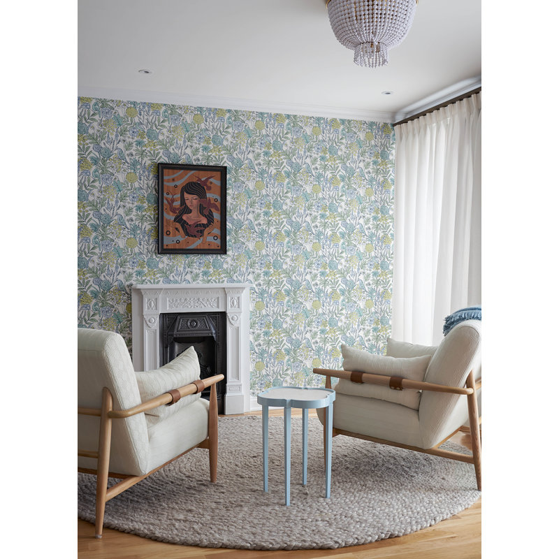 Papier peint chardonneret turquoise oiseaux et fleurs, Bleu clair