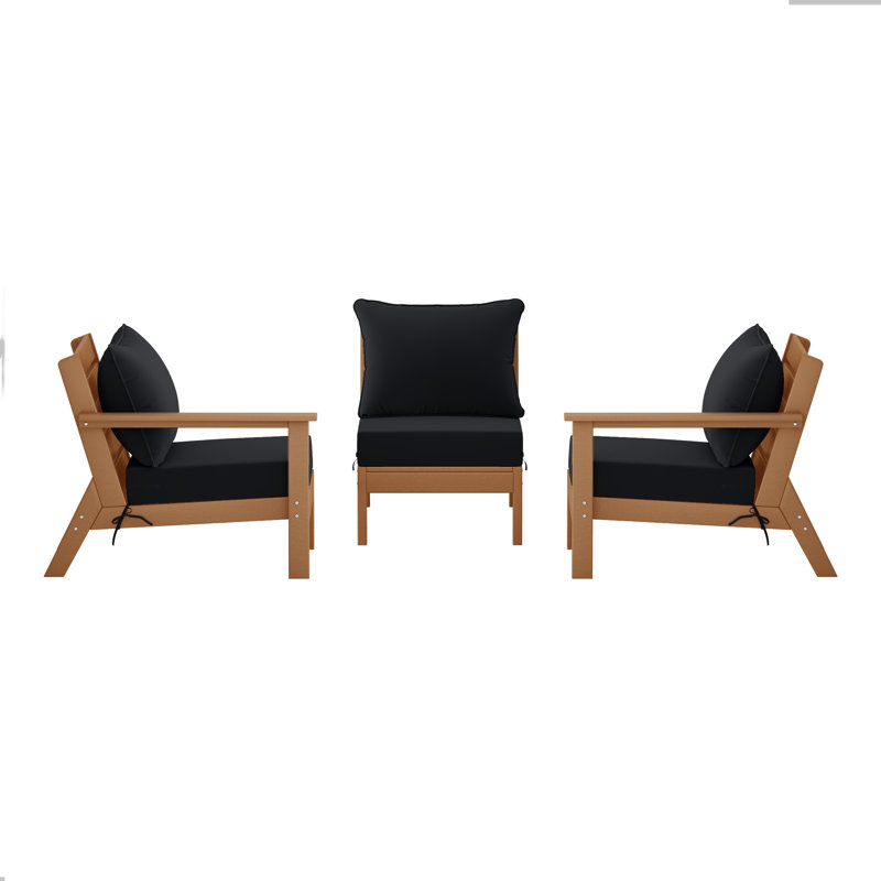 3-Piece Deep Seating Set With Cushions, Teak, Black