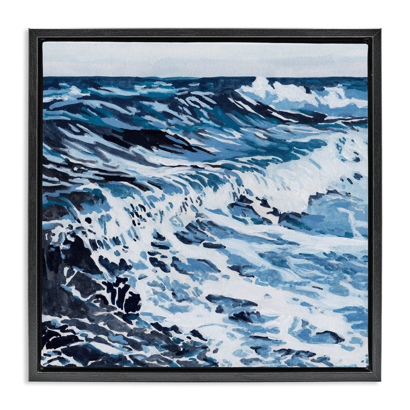 "Blue Rolling Waves", art mural sur toile flottante par Melissa Wang, Cadre flottant noir de jais, H 18 po x l 18 po
