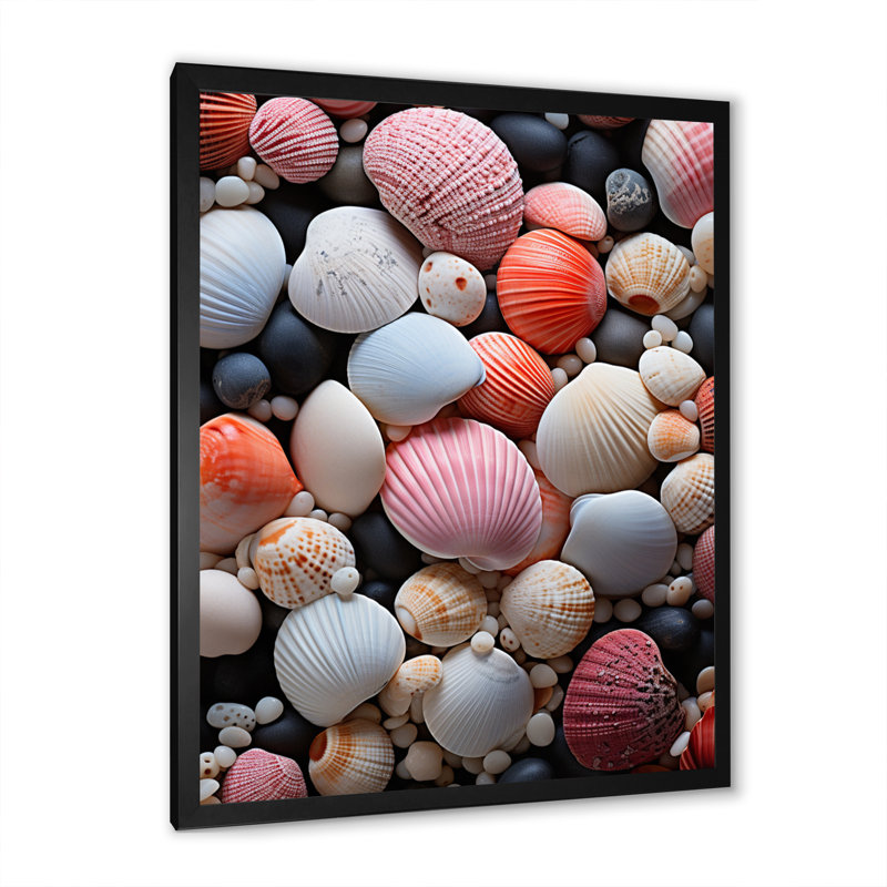 Coquillage rose sur la plage - impression, Cadre photo noir, H 20 po x l 12 po x P 1 po