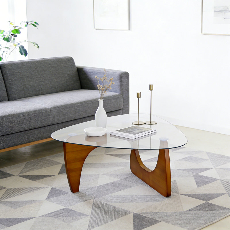 Triangle Abstract Coffee Table Modern Tea Table With Solid Wood Base And Triangle Glass Accent Table Chic Home Office Furniture For Living Room Walnut Color 35.8"D x 25.5"W x 16"H