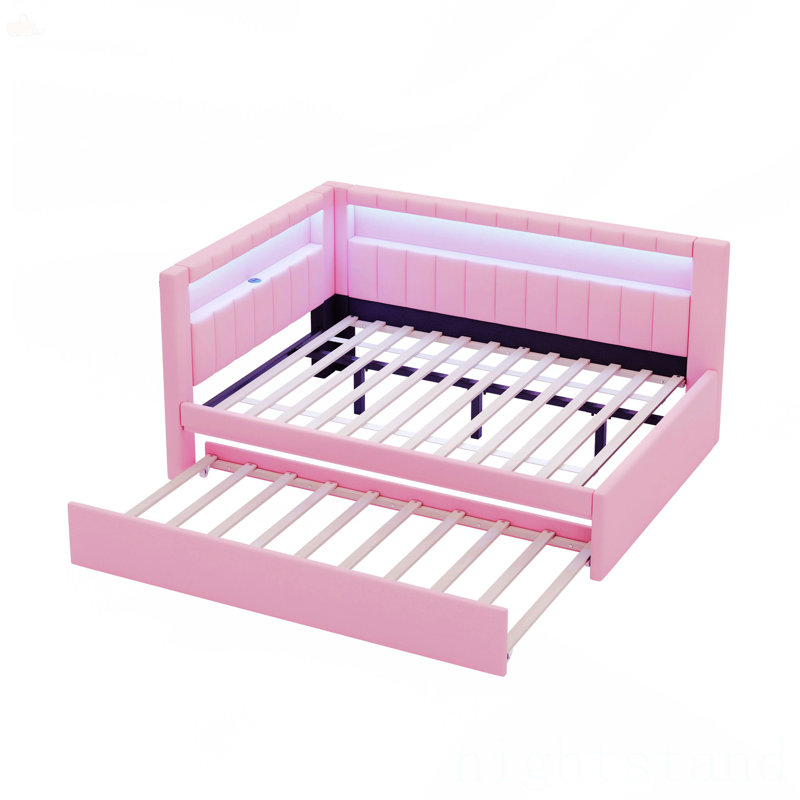 Lit plateforme tapissier pleine grandeur avec ports USB et ceinture à DEL, Full / Double, Rose