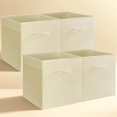 Beige Storage Cubes with Handles, 13x13 Collapsible Cube Storage Bins for Shelves and Closet, Sturdy Fabric and MDF Organizer Bins, 4-Pack Beige 13 Inch