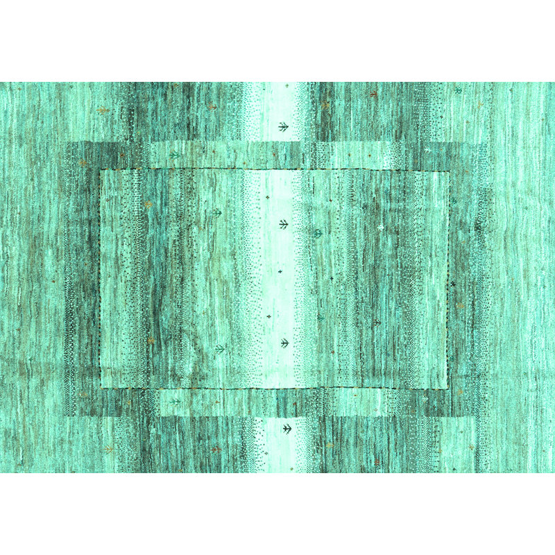 Tapis abstrait en laine et polyester tissés à la machine Ehtesham - bleu menthe / noir, Rond 7 pi