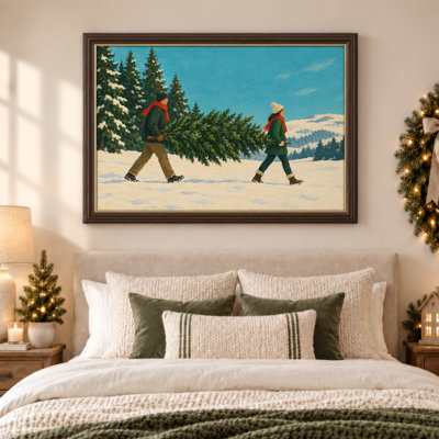 Couple, arbre dans la forêt enneigée, art mural sur toile de Noël