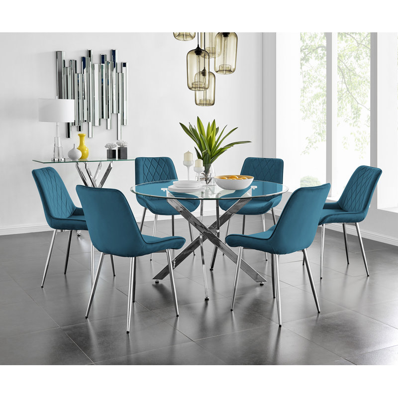 Tierra Modern Chrome Metal & Glass Round Dining Table Set with 6 Luxury Faux Leather Chairs, Blue/Silver