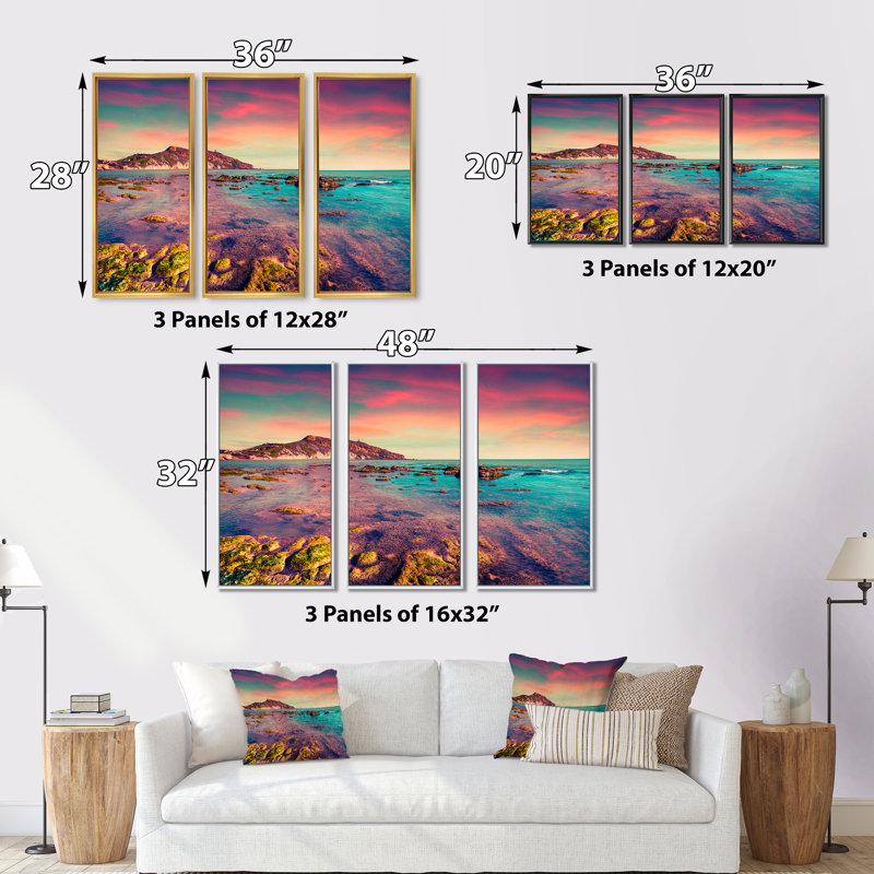 Giallonardo Beach Colorful Sunset - 3 pièces, cadre photo flottant sur toile, Cadre blanc, H 32 po x l 48 po x P 1 po