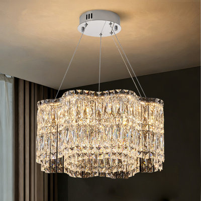 Lustre en cristal K9 de 17,7 pouces avec variateur de couleur à 3 couleurs et câbles de suspension réglables ; luminaire rond à fixer au plafond, adapté aux salons et aux chambres.