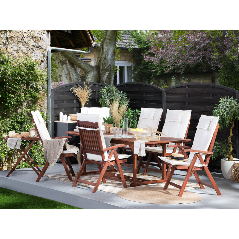 Ania 6 - Person Acacia Wood Patio Dining Set with Rectangular Table , Cushions Included, Off-White