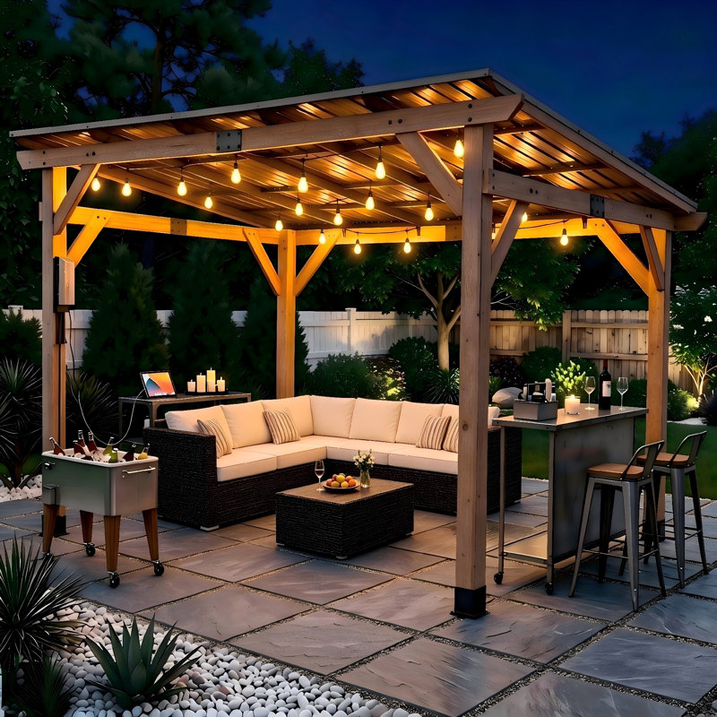 Pavillon de jardin en bois 12x10Ft Lean-To avec toit rigide en acier galvanisé pour toit, acier et cour
