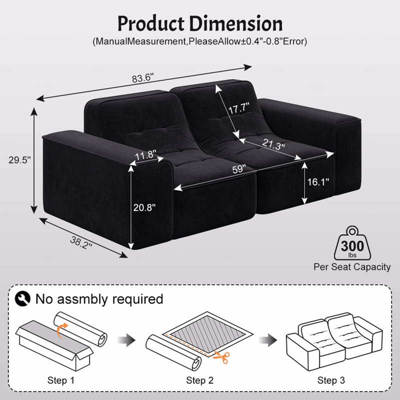 Canapé 3 places modulaire 83,6 po avec capitonnage modulaire, canapé en chenille étincelant moderne, canapé à assise profonde