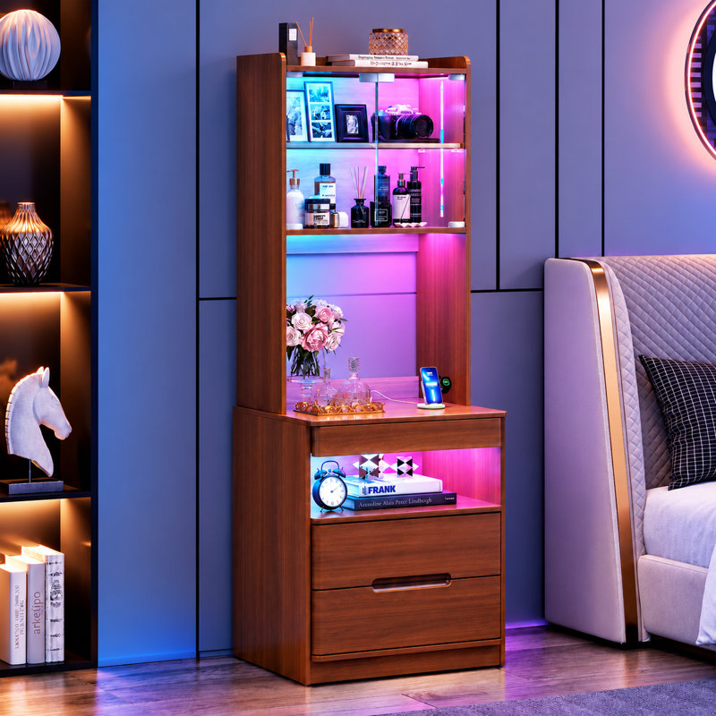 Tall Bedside Table with RGB Lighting, Charging Station & Display Shelves, Walnut Brown