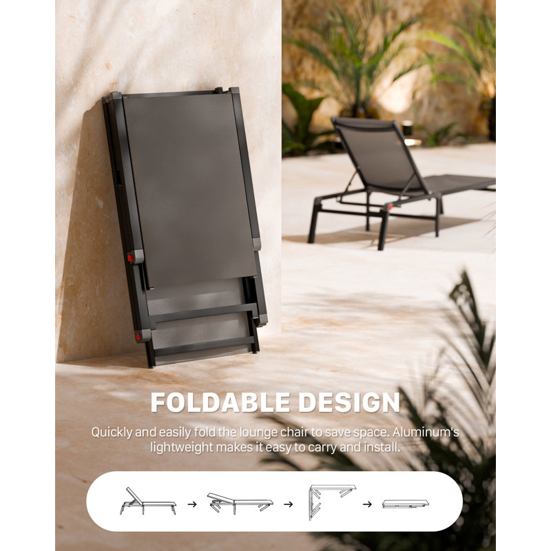 Foldable & Adjustable Aluminum Chaise Lounge Chair with Wheels, 5 Positions, Full Flat Tanning Recliner for Outdoor Patio, Beach, Poolside 2-Pack