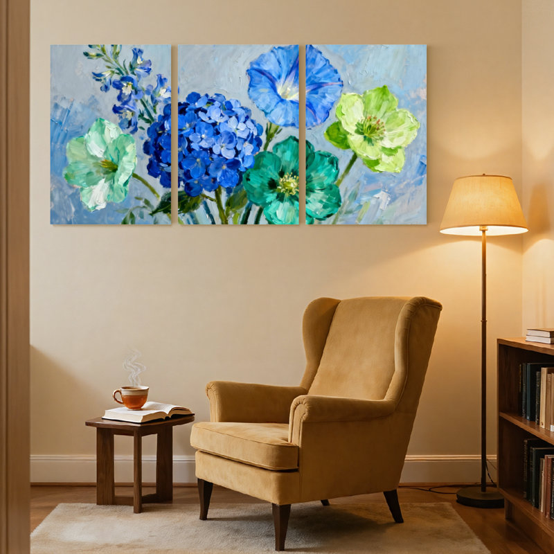 Plantes et fleurs, ensemble de 3 reproductions d'art sur toile bleu et vert, H 18 po x l 36 po