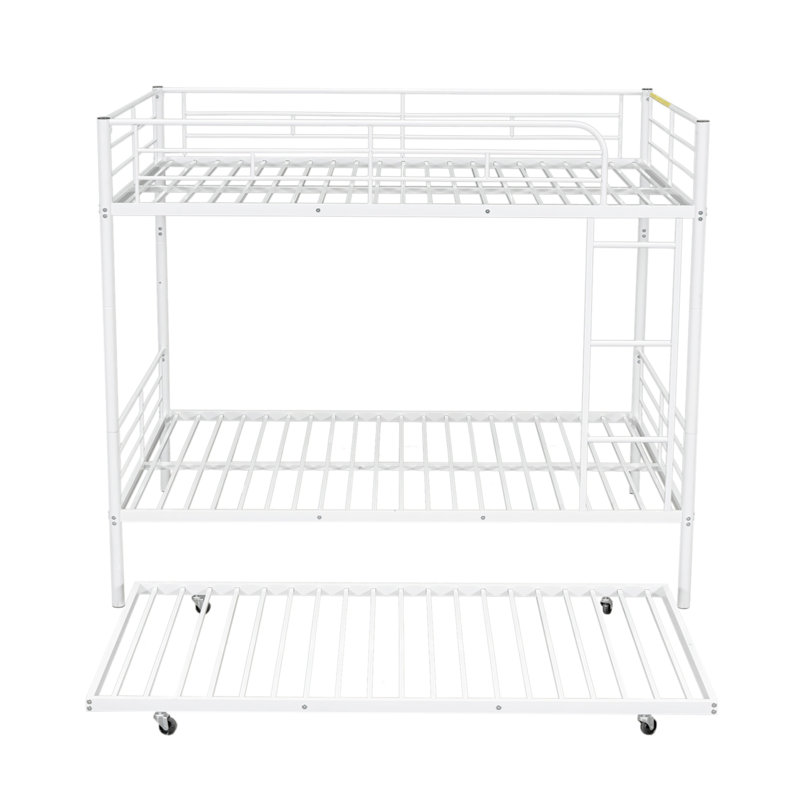 Full Over Full Metal Bunk Bed with Trundle, Chrome Finish, Space-Saving Design for Kids and Teens, White