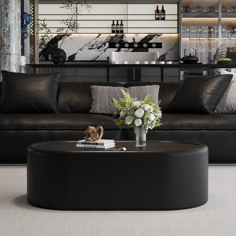 Table basse ovale cachée avec rangement - plateau en verre trempé certifié 3C et cuir recouvert de cuir de qualité supérieure, table basse moderne pour le salon