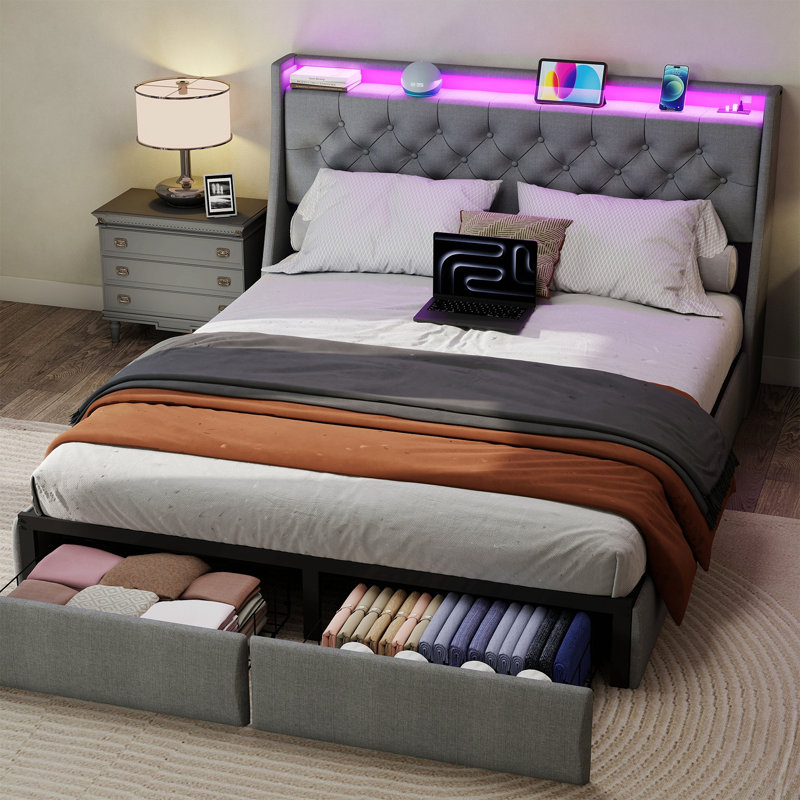 Structure de lit avec tête de rangement, lumière à DEL et station de charge USB - gris, Grand lit