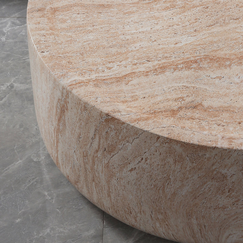 Table basse ronde cylindrique, table basse d'appoint basse en faux travertin, 12.01" H x 31.89" W x 31.89" D, Beige / jaune