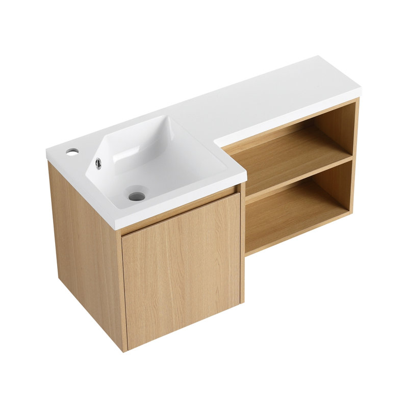 Meuble-lavabo de coin flottant de 36 po avec lavabo intégré en gel enduit de résine, meuble-lavabo mural en forme de L, finition chêne clair, porte à fermeture en douceur et tablettes ouvertes, meuble-lavabo moderne peu encombrant (livré dans 2 boîtes)