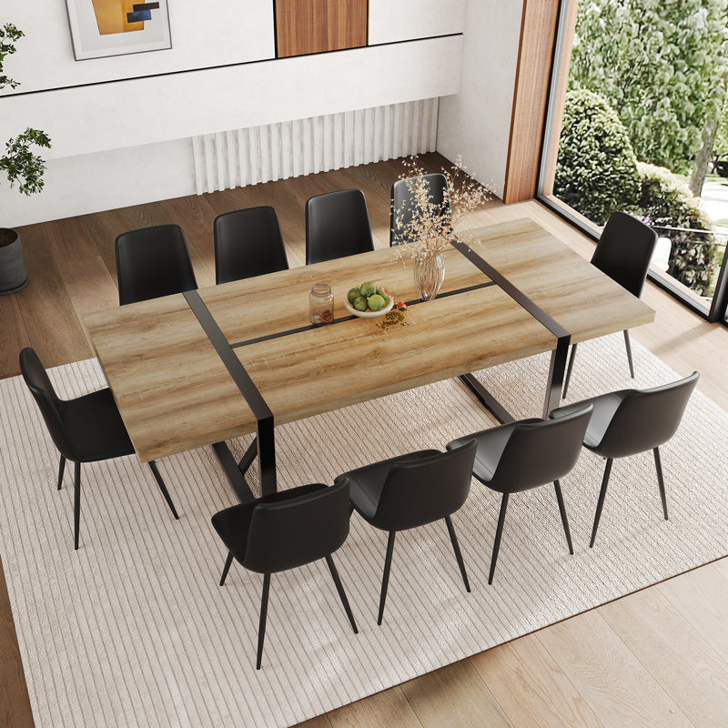 87 Inch Wood Dining Table Set With PU Leather Upholstered Dining Chair, Black, 11 Pieces: Table, 10 Chairs