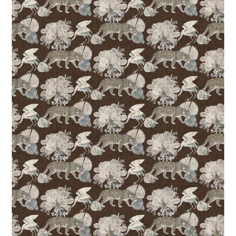 Leopard Walk Toile Metallic Wallpaper Roll, Chocolate