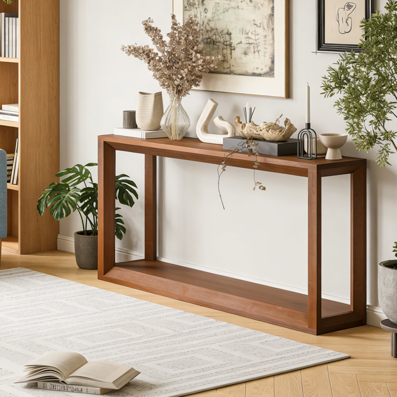Console Table 60" Solid Wood Veneer Entryway Sofa Table, Sturdy Square Legs with Distressed Finish, Wide Behind Couch Table for Living Room & Hallway