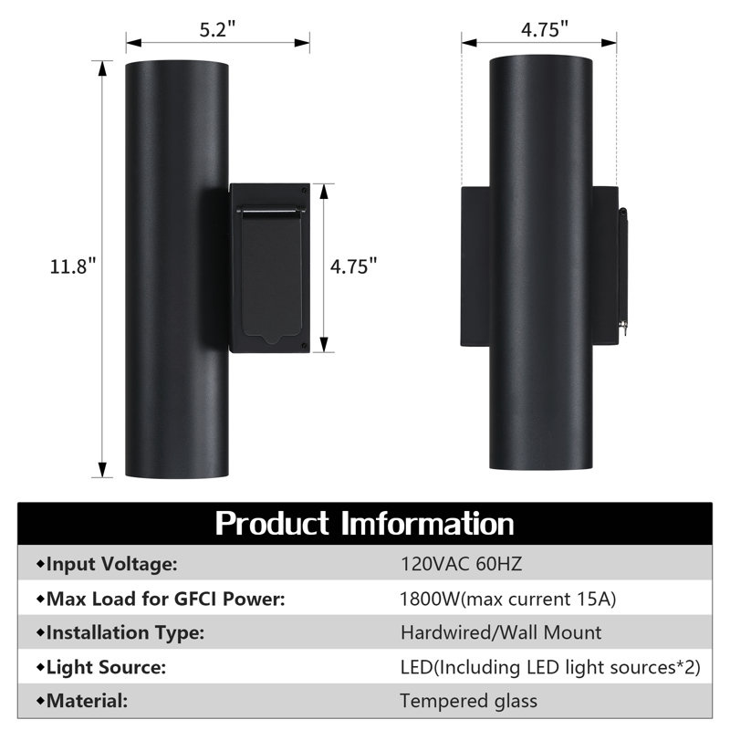 2-Light 11.8" Outdoor LED Wall Light with GFCI Outlet