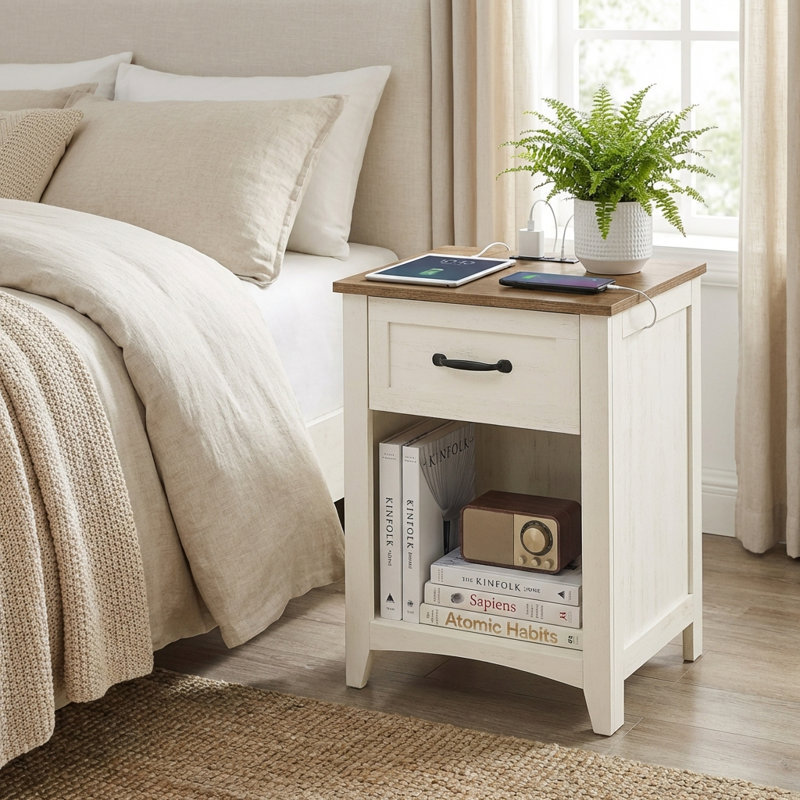 Allenside 18'' W Nightstand with Charging Station, White/ Brown, Set of 2