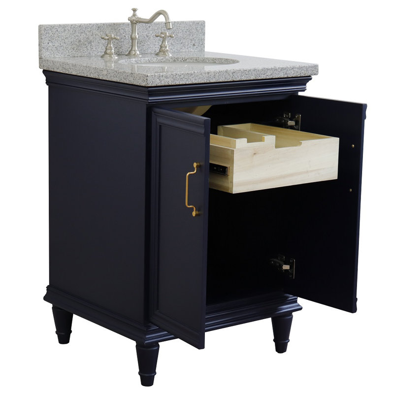 Ilford 25'' Single Bathroom Vanity with Granite Top, Gray Granite, Blue