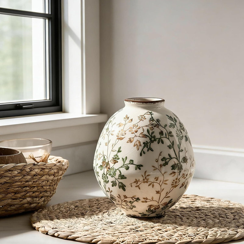 Antique Chinoiserie Floral Vase, Rustic Ceramic Home Decor Vase For Farmhouse, Living Room, Bookshelf, Office, Entryway Or Garden Decor