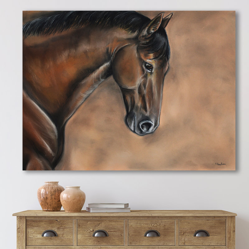 Portrait d'un cheval brun - peinture sur toile, H 16 po x l 32 po x p 1 po, Toile tendue