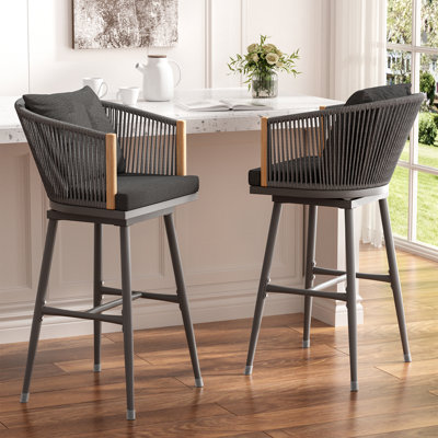  Ensemble de 2 tabourets de bar, tabourets de bar à hauteur de bar, tabourets de bar pivotants en rotin d'osier H 30 po avec dossier en corde tissée Boho pour le jardin de la cuisine, gris