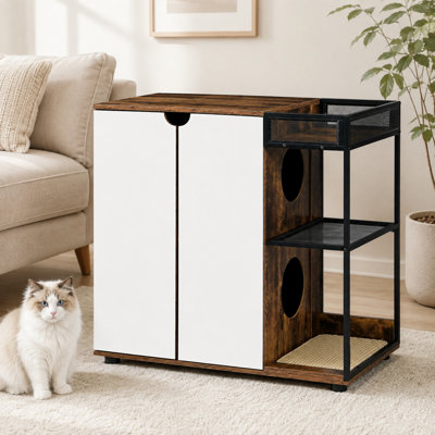 2-Tier Cat Litter Box Enclosure Furniture with 2 Entrances and Storage Shelf