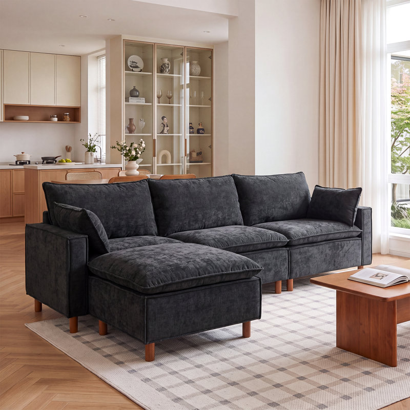 Canapé modulaire en L 108,5 po avec repose-pieds mobile, canapé rembourré en tissu de chenille confortable, canapé en nuage pour salon, appartement, noir