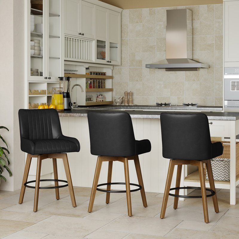 Extra-Wide 360° Swivel Bar Stool With Pocket Spring Seat & Solid Wood Base, Black