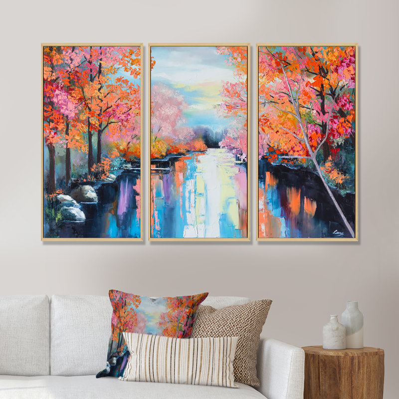 «Orange Autumn Forest By The River - Lake House», ensemble de 3 toiles encadrées, H 28 po x l 36 po, Brun