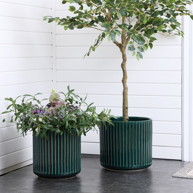 Jade Green Ribbed Round Ceramic Planter, 12.99" H x 13.78" W x 13.78" D