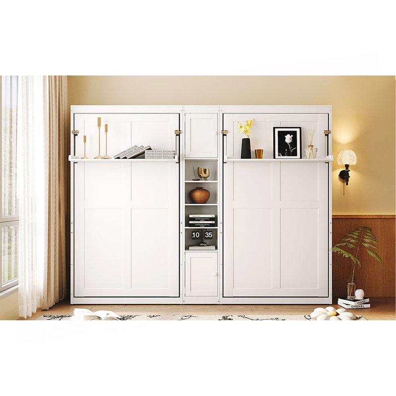 Lits simples escamotables doubles avec armoires et tablettes, blanc, White