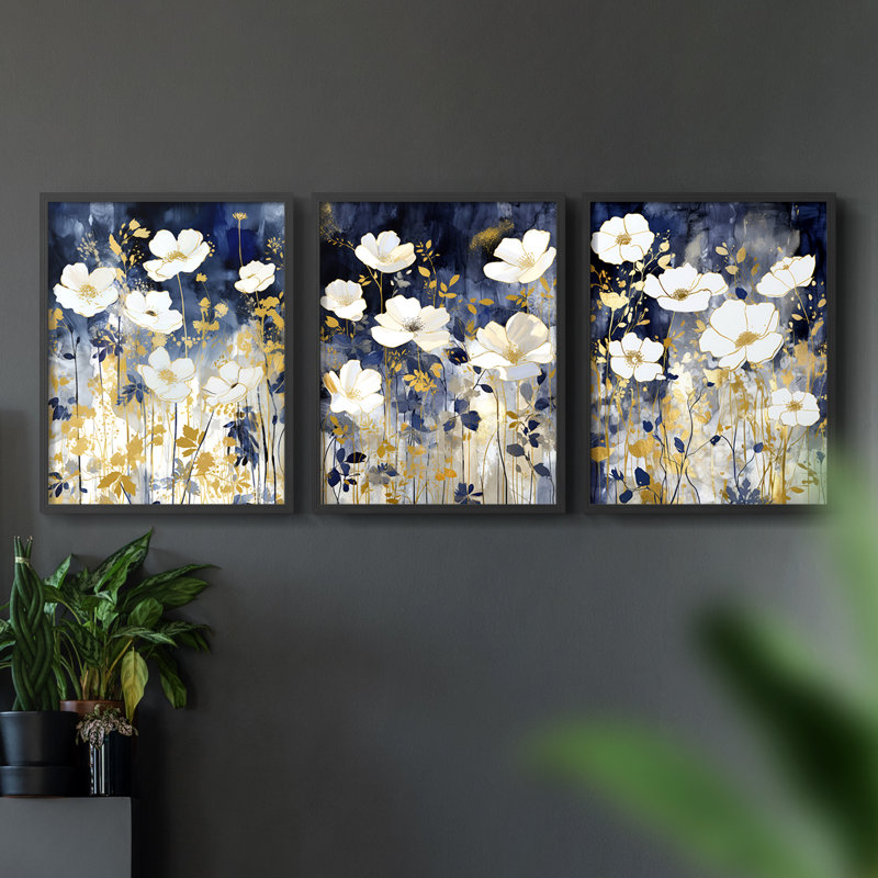 Étude florale Cxxvi -Set de 3 estampes giclées encadrées -Prêt à, Cadre noir, H 10 po x l 8 po