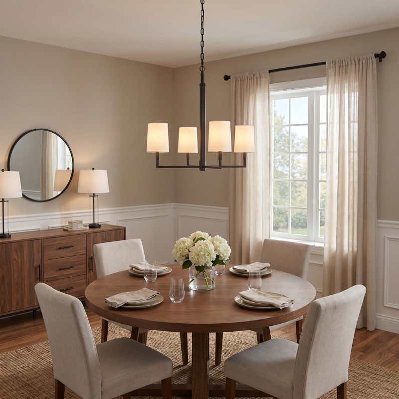 Thomas O'Brien Danica 4 Light Dining Room Chandelier With White Linen Shade, 23.5" H x 27" W x 27" D, Aged Iron